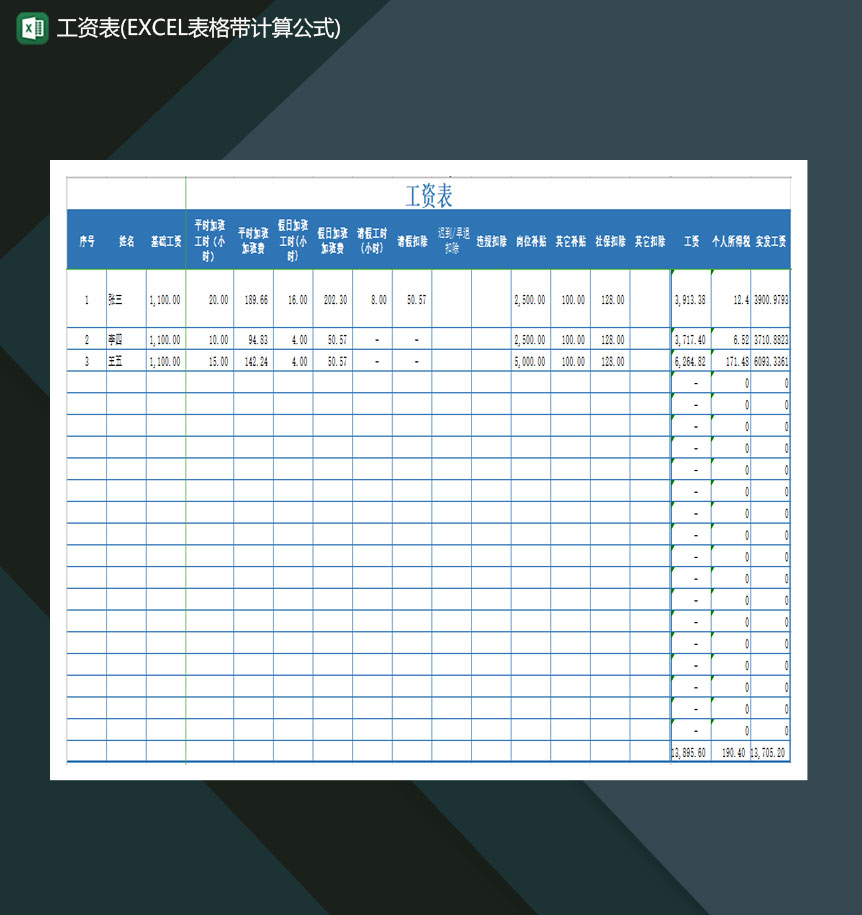 公司部门员工工资表统计表单Excel模板