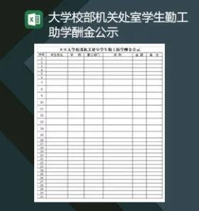 大学校部机关处室学生勤工助学酬金公示Excel模板